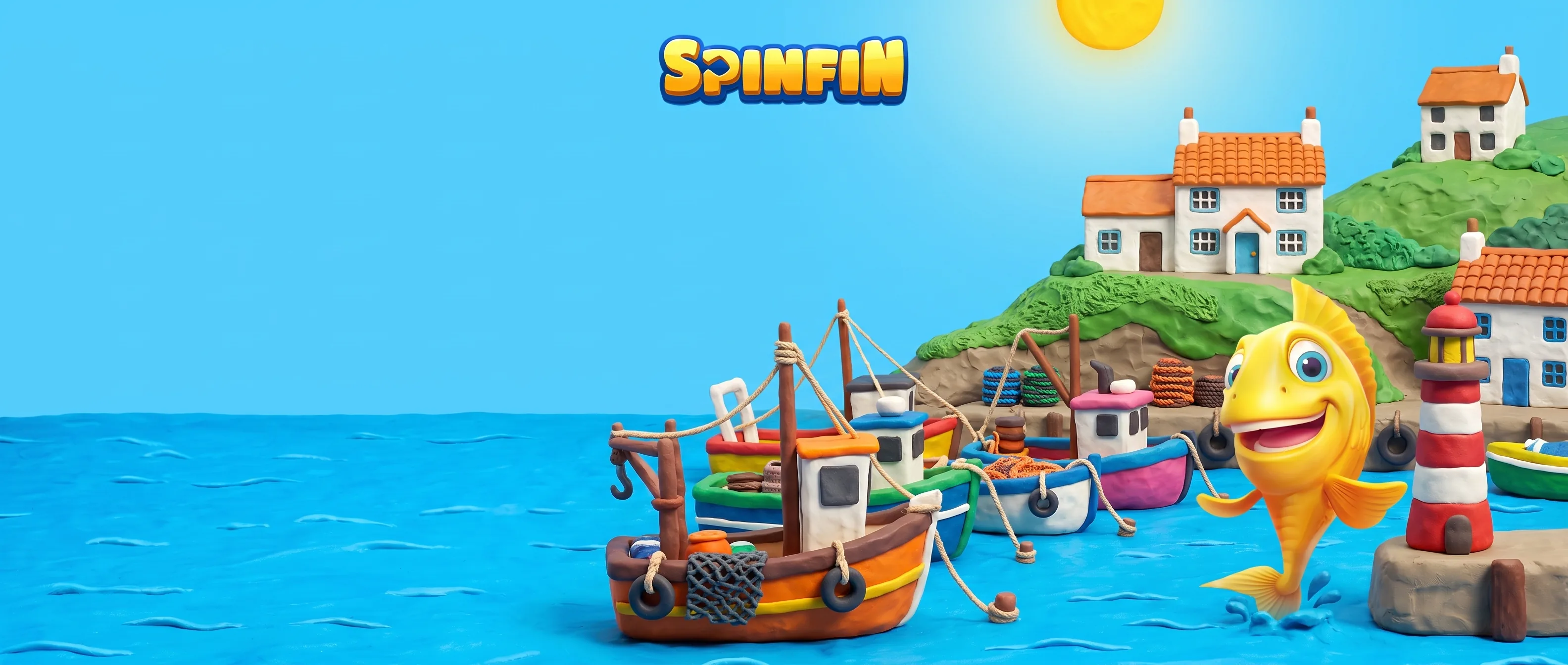 Colourful clay fishing boats, a lighthouse and SpinFin’s golden fish beside a Cornish harbour
